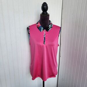 Emerald 18 Women's Hot Pink Floral Sleeveless Tennis Golf Top V-Neck-Zip Neck L
